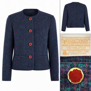 Pendleton Vintage 100% Virgin Wool Tweed Blazer Jacket Purple Teal Size 10 USA